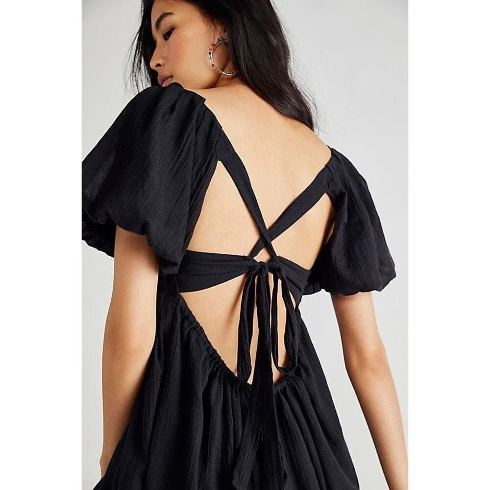 NWT Free People Marina Black Mini Dress Gauze Puff Sleeve Size Small